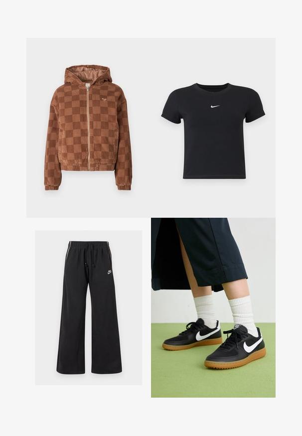 Brun rutete kordfløyelsjakke med glidelås og hette, elastiske mansjetter og frontlommer.; Svart T-skjorte med kort arm laget av bomull med rund hals. Har en hvit Nike-logo på brystet, minimalistisk design og tettsittende fasong.; Svarte joggebukser laget av myk tekstil, med elastisk midje og snor, sidestrimler og en liten logo på venstre front.; Sorte lær- og syntetiske joggesko med hvit Nike swoosh, gummisåle, rund tå og sorte lisser. Ribbet hvite sokker synlige.