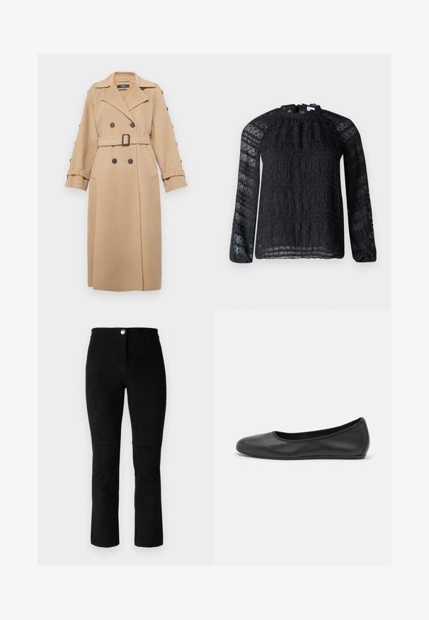 Weekend Max Mara NATALE - Classic coat - beige; Hofmann Copenhagen JOSEFINA - Blouse - black; Black suede pants with a straight-leg design, featuring a front button closure and minimal stitching details. Soft texture and no patterns.; Black leather ballet flat with a rounded toe, smooth texture, minimal stitching detail, and a flexible sole design.