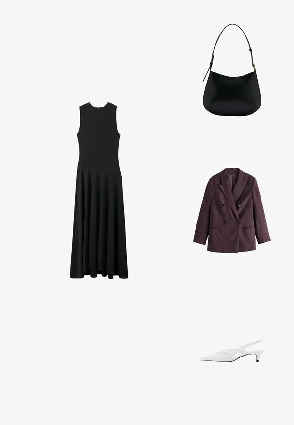 Dulje jakna u tamnoj šljive tkanini. Ima šiljate reveri, dva crna dugmeta i bočne džepove s strukturiranom siluetom.; Crna maksi haljina bez rukava sUskim tijelom i lepršavom suknjom, s glatkom teksturom i minimalističkim dizajnom, bez vidljivih kopčanja.; Bijela slingback potpetica s oštrom punta, koja ima glatki gornji dio, suptilne izreze i nisku blok potpeticu. Crna potplata naglašava dizajn.; Crna kožna torba za rame s glatkom teksturom, zakrivljenim oblikom i podesivom drškom. Sadrži minimalne šavove i jednostavan dizajn.