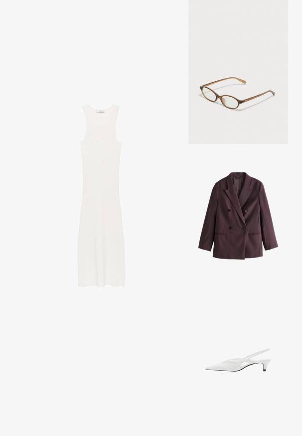 Blazer doppiopetto in tessuto prugna scuro. Caratterizzato da revers a fazzoletto, due bottoni neri e tasche laterali con una silhouette strutturata.; Abito bianco senza maniche, in maglia a costine e con silhouette aderente, che arriva sotto il ginocchio. Design semplice e minimalista, privo di motivi o accessori.; Décolleté bianco con punta affilata, caratterizzato da una tomaia liscia, sottili aperture e un tacco a blocco basso. La suola nera esalta il design.; Occhiali tortoiseshell marroni con lenti ovali, aste sottili e dettagli trasparenti. Presentano un logo sottile sulla tempia. Design elegante e leggero.