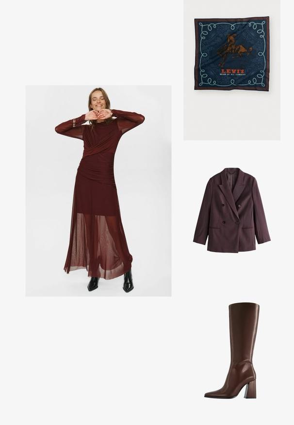 Blazer doppiopetto in tessuto prugna scuro. Caratterizzato da revers a fazzoletto, due bottoni neri e tasche laterali con una silhouette strutturata.; Lungo abito bordeaux realizzato in tessuto trasparente e morbido, con un corpino avvolgente, dettagli arricciati e maniche lunghe trasparenti.; Stivale marrone in pelle alto fino al ginocchio con punta a punta e tacco medio spesso, mostrato di profilo su sfondo bianco.; Foulard di seta blu navy con una grafica di un cavaliere a cavallo marrone, un motivo decorativo di corda blu e il testo "LEVI'S INDOSSATO DA TUTTI I COWBOY" in rosso.; Borsetta in suede marrone con due manici robusti, forma rettangolare e dettaglio decorativo con cinturino sulla parte anteriore.