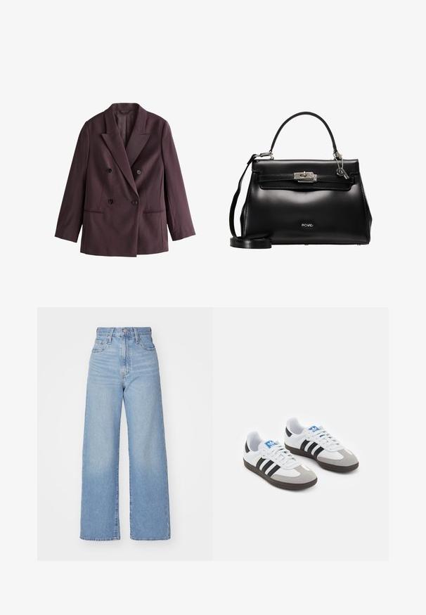 Dubbelgeknoopte blazer van donker pruim stof. Bevat gelapte revers, twee zwarte knopen en zijzakken met een gestructureerd silhouet.; Zwarte kortekorte mouw t-shirt van gladde katoenen stof, met een ronde halslijn en een getailleerde pasvorm. Geen zichtbare patronen of accenten.; Lichtblauwe high-waist wijde jeans met een knoop- en ritssluiting aan de voorkant, voor- en achterzakken, op een witte achtergrond.; Sportschoenen met een witte leren bovenkant, grijze suède neus en drie zwarte strepen. Bevat een blauw logo op de tong en een gestructureerde rubberen zool.; Zwarte leren handtas met een gestructureerd ontwerp, bovenhandvat, afneembare schouderband en een zilverkleurige sluiting. Bevat een subtiel geperst logo.