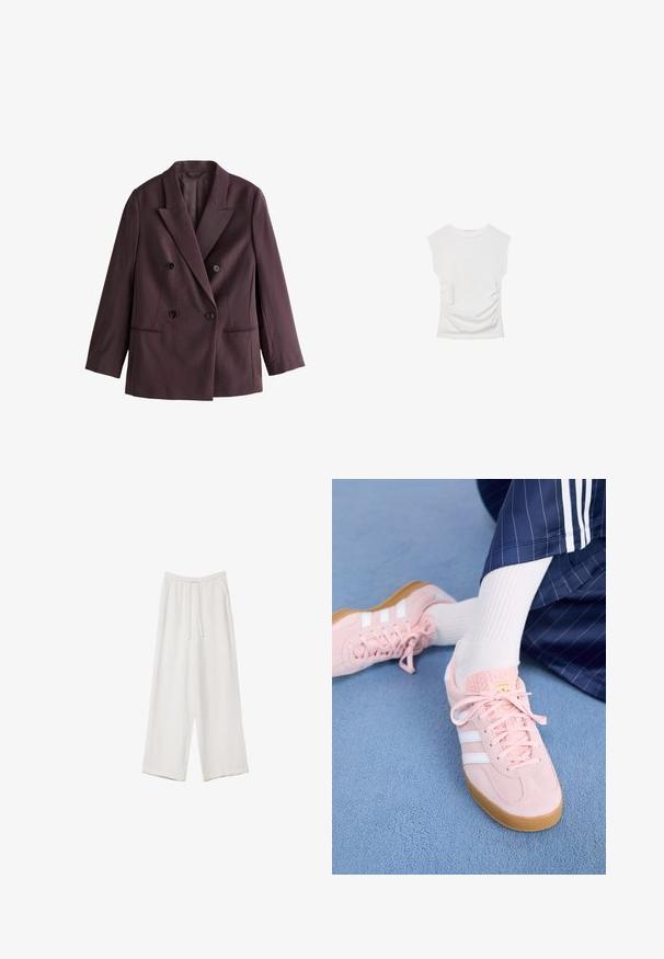 Dubbelknäppt kavaj i mörklila tyg. Har slagkragar, två svarta knappar och sidofickor med en strukturerad siluett.; Vit kortärmad topp med rund halsringning. Har samlad struktur längs sidorna och en figurnära silhuett, tillverkad av mjukt, stretchigt material.; Vita vida byxor i vid passform gjorda av ett lättviktsmaterial. Har en elastisk midja med dragsko och sidofickor. Slät textur.; Ljusrosa mockaskor med vita ränder och snören, med en strukturerad tunga och en gummisula, placerade på en blå matta.