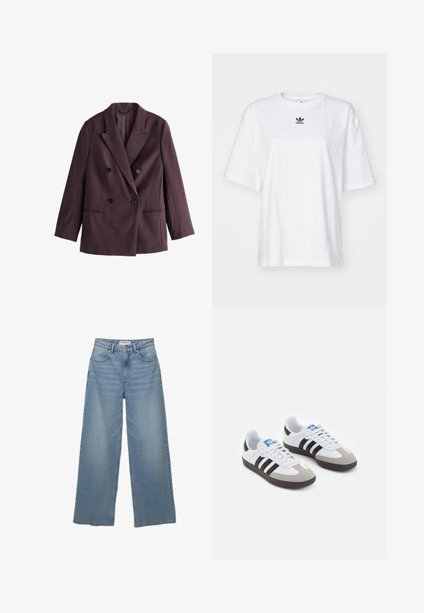 Dvoudílný blazer z tmavě švestkového materiálu. Obsahuje klopové límce, dva černé knoflíky a boční kapsy se strukturovaným siluetou.; Bílý krátký rukávový tričko vyrobené z bavlny. Má kruhový výstřih a malé černé logo Adidas na hrudi. Rovný lem.; Světle modré džíny s širokými nohavicemi vyrobené z denimu. Mají vysoký pas, pět kapes a rovný střih s minimálním vyblednutím.; Sportovní boty s bílým koženým svrškem, šedou semišovou špičkou a třemi černými pruhy. Obsahují modré logo na jazyku a texturovanou gumovou podrážku.