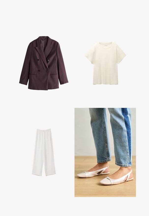 Dubbelgeknoopte blazer van donker pruim stof. Bevat gelapte revers, twee zwarte knopen en zijzakken met een gestructureerd silhouet.; Lichtbeige t-shirt met korte mouwen en een ronde halslijn, gemaakt van zachte, gladde stof. Heeft een ontspannen pasvorm en een rechte zoom.; Witte wijde broek gemaakt van een lichte stof. Voorzien van een elastische tailleband met een trekkoord en zijzakken. Zachte textuur.; Zachtroze slingback ballerina's met een spitse neus, gemaakt van een glad leerachtig materiaal. Bevat uitsnijdingen aan de zijkanten en heeft een platte hak.