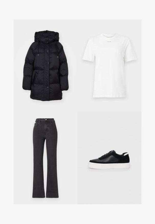 GANT MID LENGTH JACKET - Down coat - black; White cotton t-shirt features a round neck, short sleeves, and a small black "Calvin Klein" logo on the chest. Simple design, no patterns.; Black high-waisted flared jeans made of denim, featuring a button closure, belt loops, and side pockets. Smooth texture with minimal fading.; Black sneaker with smooth leather and suede panels, flat laces, rounded toe, and a white rubber sole. Distinct logo on the heel.