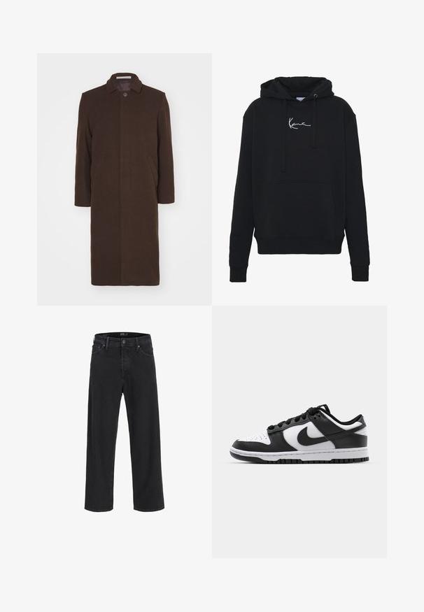 Essential Collective COAT - Klasikinis paltas - fuzzy brown; Juodas gobtuvas, pagamintas iš minkštos medžiagos, su priekinėmis kišenėmis, raišteliais ir balta logotipo siuvinėjimu ant krūtinės. Klasikinis fasonas ir raštuoti rankogaliai.; Juodos tiesios kojų džinsinės kelnės su mygtuku ir užtrauktuku, diržo kilpos, taip pat priekinės ir galinės kišenės.; Juoda ir balta Nike Dunk sportbačiai, turintys odinį viršutinį sluoksnį, perforuotą nykštyje, juodas raišteles ir juodą guminį pado su reljefu.