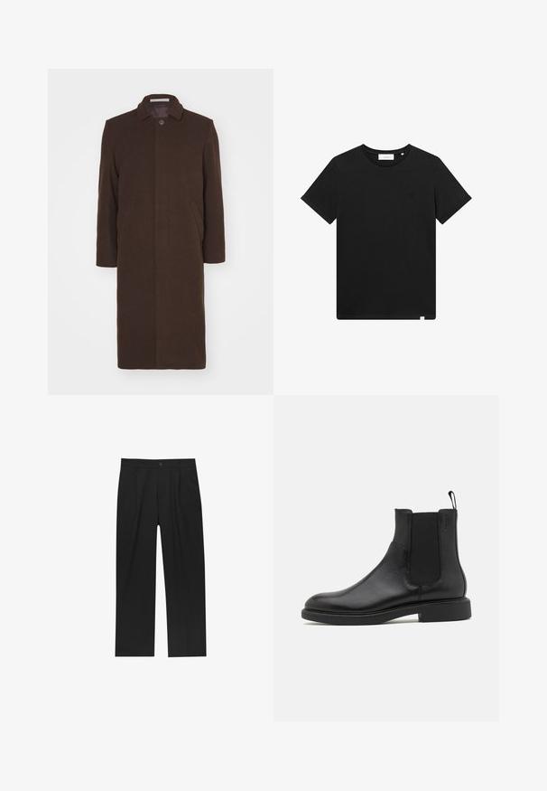 Essential Collective COAT - Klasičan kaput - fuzzy brown; Crna kratka majica s kratkim rukavima od pamuka, s okruglim izrezom i malim logotipom izvezenim na prsima. Glatka tekstura, standardni kroj.; Crne hlače ravnog kroja, izrađene od glatkog materijala. Imaju prednje nabore i jedan dugme na struku.; Crne kožne gležnjače s glatkom teksturom, elastičnim bočnim panelima i petljicom za obuvanje. Okrugli нос i ravni gumeni potplat s minimalnim uzorkom.