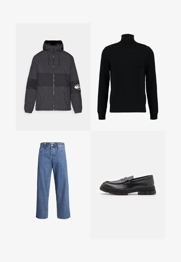 Jakna na zadrgo s kapuco, izdelana iz črnega blaga z mrežastim vzorcem in solidnim črnim delom. Vsebuje logo na desnem rokavu.; Črn pulover s turtleneck ovratnikom, izdelan iz mehkega pletenega materiala. Ima dolge rokave, rebrast ovratnik in rob. Preprost, eleganten dizajn brez vzorcev.; Črna srajca s poletnim zapenjanjem iz gladkega materiala, ki ima dve žepu na prsih, ovratnik s točko in zapenjanje na manšetah. Enostaven dizajn z minimalnimi detajli.; Svijetloplave traperice s ravnim nogavicama, visokim strukom i minimalnim detaljima šivanja. Tkanina ima mekan, blago izblijedjeli izgled.; Črne usnjene loafersice z gladkim zaključkom, ki imajo sprednji trak in debel gumijast podplat z utori.