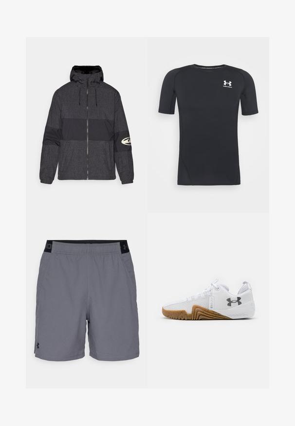 Užtraukiama striukė su gobtuvu, pagaminta iš juodos medžiagos su tinklo raštu ir tvirtu juodu sluoksniu. Dešinėje rankovėje yra logotipas.; Juodas trumpomis rankovėmis sportinis marškinėlis, pagamintas iš drėgmės sugeriančios, tamprios medžiagos. Turi apvalų iškirpimą ir mažą baltą logotipą ant krūtinės.; Pilki sportiniai šortai pagaminti iš lengvo audinio, su elastine juosta juodais akcentais ir šoninėmis kišenėmis. Paprastas dizainas be raštų.; Balti sportiniai batai su tinklelio viršumi, guminiu padu rudos spalvos, tekstūruotais akcentais ir juodu logotipu šone.