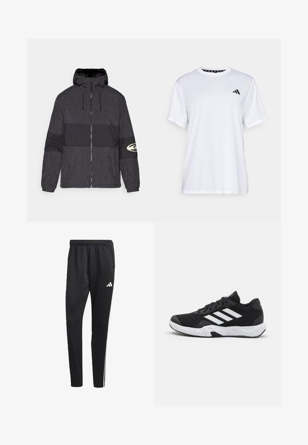 Vetoketjullinen takki, jossa on huppu, valmistettu mustasta kankaasta, jossa on ruutukuosi ja yhtenäinen musta paneeli. Mukana logo oikeassa hihassa.; Valkoinen urheilupaita lyhyillä hihoilla, valmistettu kosteutta siirtävästä kankaasta. Vasemmassa rinnassa on musta logo ja kauluksen sisäpuolella on kuvio.; Mustat urheiluhousut, joissa on joustava vyötärö, valkoiset sivuraidat ja pieni valkoinen logo reidessä. Valmistettu sileästä, kevyestä materiaalista.; Mustat urheilukengät, joissa on teksturoitu verkkomateriaali yläosassa, valkoiset korostusraidat, pehmustettu pohja ja vahvistettu kanta tuen vuoksi.