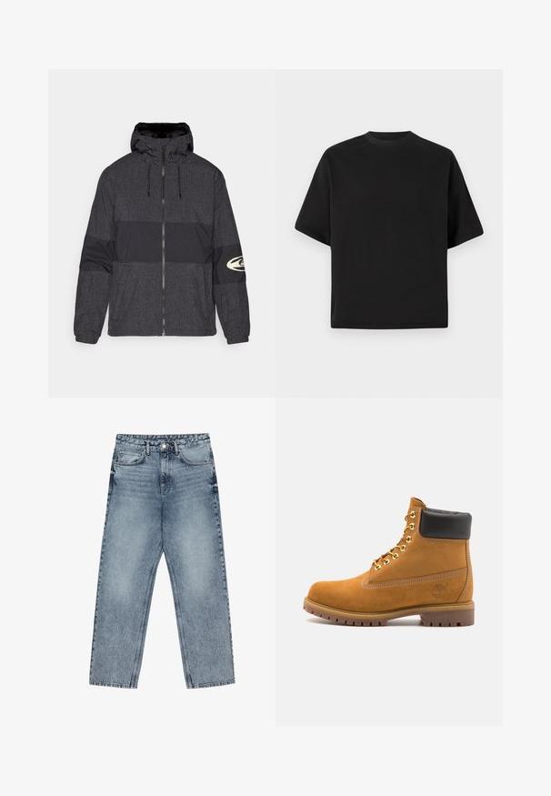 Kurtka z zamkiem błyskawicznym z kapturem, wykonana z czarnego materiału w kratę z jednolitą czarną wstawką. Zawiera logo na prawej rękawie.; Czarna, krótka koszulka w luźnym kroju, wykonana z gładkiej bawełny, z okrągłym dekoltem i minimalistycznym designem.; Jasnoniebieskie dżinsy z prostymi nogawkami, widocznym przeszyciem, pięcioma kieszeniami oraz zapięciem na guzik w talii.; Beżowe zamszowe botki sięgające kostki z czarną wyściełaną krawędzią, złotymi oczkami, białymi detalami szycia oraz wytrzymałą gumową podeszwą z wyraźnym bieżnikiem.