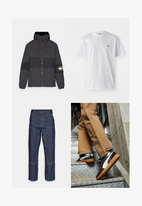 Mikina so zipsom a kapucňou, vyrobená z čierneho materiálu s mriežkovým vzorom a pevným čiernym panelom. Obsahuje logo na pravej rukáve.; Biele bavlnené tričko s krátkymi rukávmi, okrúhlym výstrihom, s malým zlatým logom na ľavej strane hrude. Mäkká textúra a normálny strih.; Tmavomodré denimové džínsy s vysokým pásom, rovného strihu, kontrastným prešívaním a vreckami na prednej strane.; Čierne a šedé semišové tenisky s bielymi akcentmi a gumovými podrážkami, nosené na béžových nohaviciach pri stúpaní po kovových schodoch.