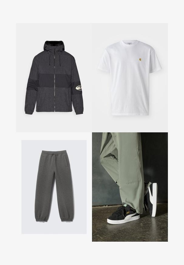 Casaco com fecho éclair e capuz, feito de tecido preto com padrão de grelha e painel preto sólido. Inclui logótipo na manga direita.; T-shirt branca de algodão com mangas curtas, decote redondo, apresentando um pequeno logótipo dourado na área do peito esquerdo. Textura macia e ajuste regular.; Calças de moletão cinzas feitas de um tecido suave, com cintura com cordão, punhos elásticos e bolsos laterais. Design de perna reta.; Sapatilhas de camurça pretas com solas de borracha branca e riscas laterais, combinadas com calças de carga verde claro, em pé sobre uma superfície escura e texturizada.