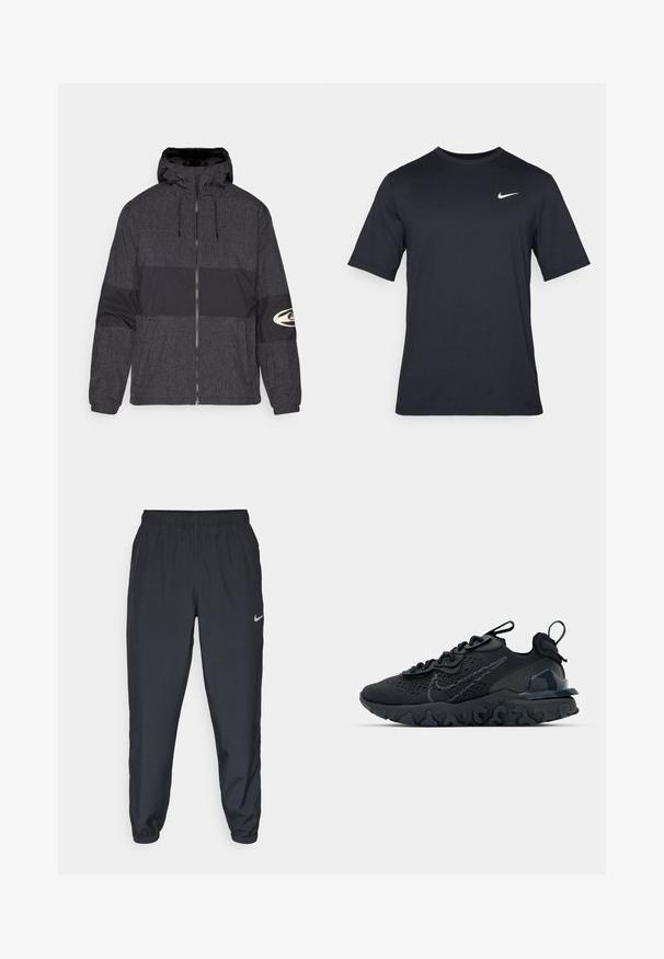Mikina so zipsom a kapucňou, vyrobená z čierneho materiálu s mriežkovým vzorom a pevným čiernym panelom. Obsahuje logo na pravej rukáve.; Čierne tričko s krátkym rukávom značky Nike z hladkého materiálu, s bielym logom swoosh na pravej hornej strane, okrúhly výstrih.; Čierne teplákové nohavice vyrobené z ľahkého materiálu s elastickým pásom, manžetami na členkoch a diskrétnym logom Nike na ľavej strane.; Čierna atletická topánka s priedušným sieťovaným zvrškom, textúrovanými akcentmi a vlnovou gumovou podrážkou. Obsahuje reflexné logo a systém šnurovania.