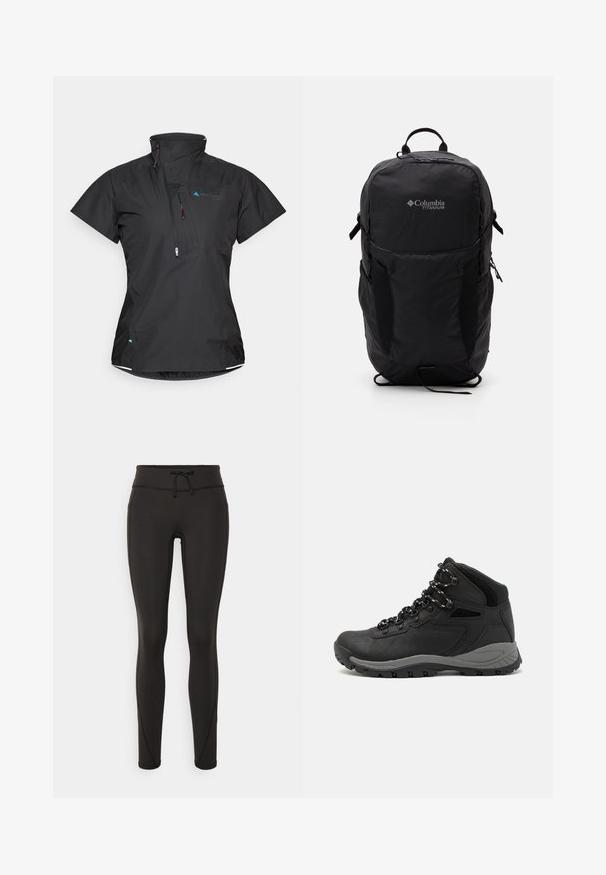 Svart kortermet topp med høy krage, frontlomme med glidelås og nettingdetaljer. Har et lett, strukturert stoff og subtile blå aksenter.; Svart Columbia t-skjorte med hvit sirkulær fjell- og elvlinjekunst og tekst "Columbia Sportswear Company Outside Since 1938."; Svarte leggings med høy midje, snøring, glatt tekstur og tettsittende design. Har søm detaljer langs sidene.; Sorte turstøvler med mid-topp design, som har en teksturert overdel, grå detaljer og slitesterk gummisåle med godt grep.; Svart Columbia Titanium ryggsekk med en glatt stoffoverflate, sidelommer, topphåndtak og justerbare stropper. Minimalistisk design med subtil merkevare.