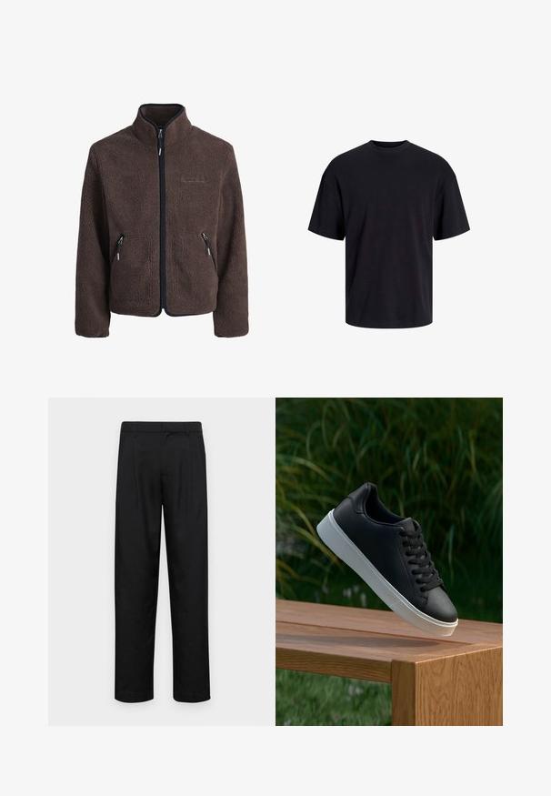 Brun fleecejakke med høy krage, hel glidelås, to glidelåslommer og kontrasterende svart kant langs kantene. Myk tekstur gjennom hele jakken.; Svart bomull t-skjorte med rund hals, korte ermer og en avslappet passform. Glatt tekstur uten synlige mønstre eller detaljer.; Sorte bukser laget av glatt stoff, med rette ben, to frontfoldninger og standard liv med beltehemper.; Sorte skinnesneakers med en glatt tekstur, hvit gummisåle og seks hull for lisser, vises på en treoverflate.