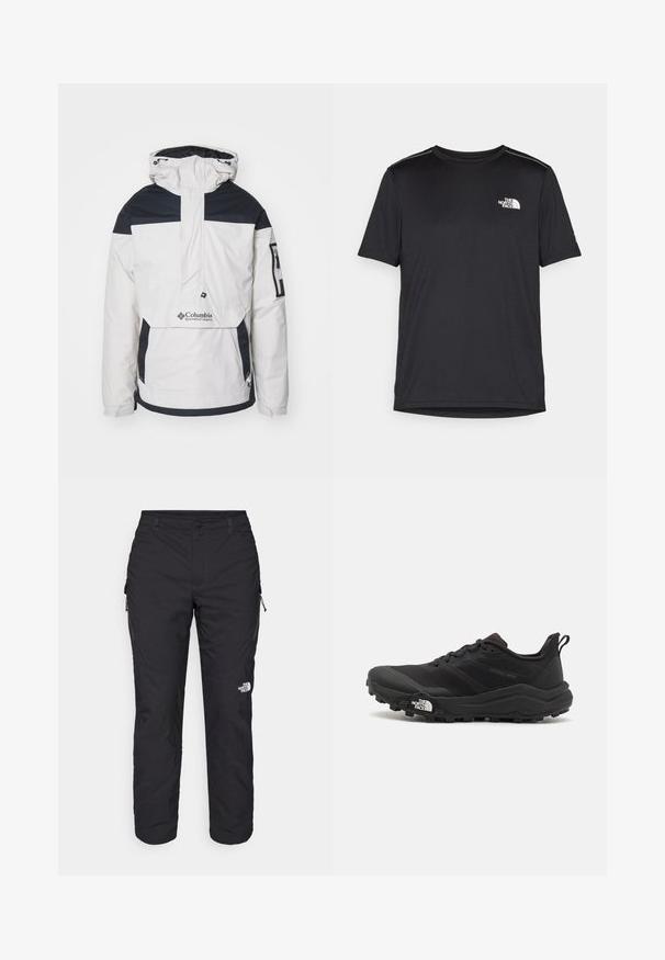 Valkoinen ja laivastonsininen anorakki, jossa on puolivetoketju, joustavat hihansuut, säädettävällä nyörillä varustettu huppu ja etutasku, jossa on Columbian logo.; Mustapaita lyhyillä hihoilla, joka on valmistettu kevyestä kankaasta. Siinä on pieni valkoinen logo vasemmassa rinnassa ja huomaamattomia olkakoristeita.; The North Face WINTER EXPLORATION TAPERED CARGO - Ulkohousut - black; Musta maastojuoksukengät, joissa on teksturoitu päällinen, kumipohja ja vahvistettu varvastoppia. Varusteena pehmustettu nilkkakappale ja vetotappi helppoa pukemista varten.