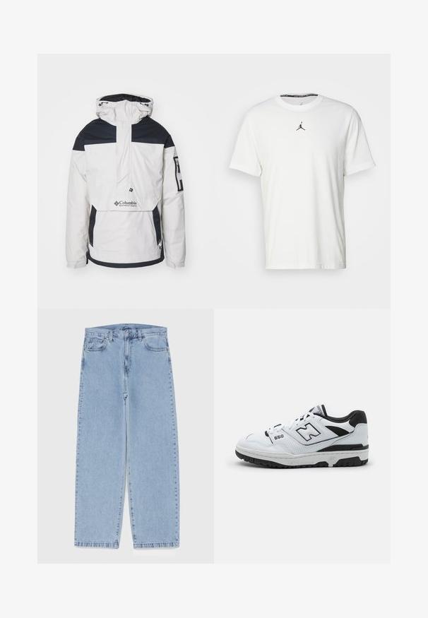 White and navy anorak jacket with a half zip, elastic cuffs, hood with adjustable drawcord, and front pocket featuring Columbia logo.; White short-sleeve T-shirt made of cotton, featuring a black Jumpman logo on the chest and a round neckline with a black interior tag.; Light blue denim jeans with straight leg design, featuring a mid-rise waist, five pockets, and a button and zipper closure.; White low-top sneaker with black accents, leather and mesh upper, perforated detailing, padded collar, and thick rubber sole. Model 550.
