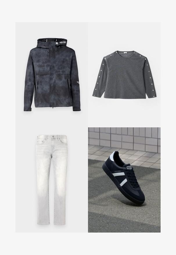 Vedenkestävä musta-harmaa takki hupulla, jossa on hienovarainen side-tyylinen kuvio, etuvetoketju ja sivutaskut. Korostettu tuotemerkin logolla.; Harmaa pitkähihaisten paita pehmeästä kankaasta, jossa on pyöreä kaula-aukko ja nepparikoristeet olkapäillä lisäyksiksi.; Vaaleanharmaat farkut suoran lahkeen leikkauksella, hienovaraisella kulumisella, etutaskuilla ja yhdellä takataskulla. Klassinen nappi- ja vetoketjusulku.; Mustat nahkakengät valkoisilla raidoilla, teksturoitu kumipohja ja nauha edessä. Varustettu merkkitarralla kielen päällä.