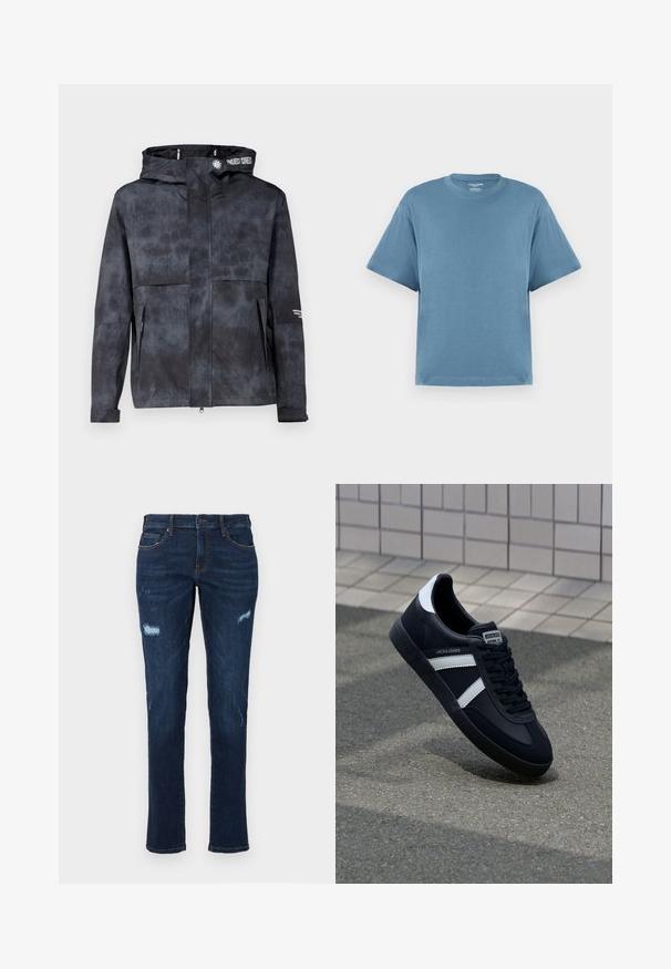 Water-resistant black-gray jacket with a hood, featuring a subtle tie-dye pattern, front zip, and side pockets. Accented with brand logo.; Blue short-sleeve t-shirt, made of cotton, with a crew neck and a relaxed fit. Smooth texture, minimalist design, no patterns or accents.; Dark blue denim jeans with a straight cut, featuring distressed rips at the knees, traditional pockets, and visible contrasting stitching.; Black leather sneaker with white stripes, textured rubber sole, and lace-up front. Features a branded label on the tongue.