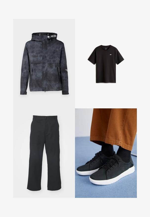 Water-resistant black-gray jacket with a hood, featuring a subtle tie-dye pattern, front zip, and side pockets. Accented with brand logo.; Black cotton t-shirt with short sleeves and a crew neckline. Features a small white skateboard logo on the chest. Simple design and cut.; Black, straight-leg trousers made of fabric with a smooth texture, featuring a front button closure and standard pockets.; Black suede sneakers with white rubber soles, featuring lace-up design, textured accents, and subtle branding, paired with brown pants.