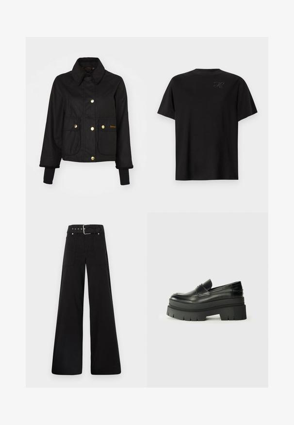 Μαύρο κοντό μπουφάν φτιαγμένο από ύφασμα με καπιτονέ γιακά, χρυσά κουμπιά με σSnap, και δύο μπροστινές τσέπες. Περιλαμβάνει μανίκια με ριμπ ύφανση.; Μαύρη βαμβακερή μπλούζα με κοντό μανίκι και σχέδιο crew neck, που διαθέτει μικρό, μονοχρωματικό λογότυπο στο επάνω αριστερό μέρος. Λείο υλικό.; Μαύρο παντελόνι με φαρδιά ποδιά φτιαγμένο από βαμβάκι, με ψηλή μέση, μεγάλες πλαϊνές τσέπες και ζώνη με μεταλλικά αξεσουάρ σε ασημί απόχρωση.; Μαύρες δερμάτινες λοφάδες με χοντρή πλατφόρμα. Στρογγυλή μύτη, λεπτομέρεια ραφής μπροστά και διακριτικά διακοσμητικά ραφή. Ίσια, υφασμένη σόλα.