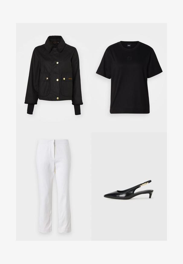 Jaqueta cropped preta feita de tecido com colarinho de veludo cotelê, botões de pressão dourados e dois bolsos frontais. Apresenta punhos de malha canelada.; T-shirt de algodão preto com decote redondo, mangas curtas e um logótipo bordado no peito. Corte simples e descontraído, sem padrões.; Calças de algodão brancas com um design de perna reta, apresentando uma cintura de altura média e sem hardware ou padrões visíveis. Textura suave por toda a peça.; Saltos slingback em couro preto com bico fino, apresentando um salto esguio e um detalhe em tom dourado na alça ajustável. Textura suave.