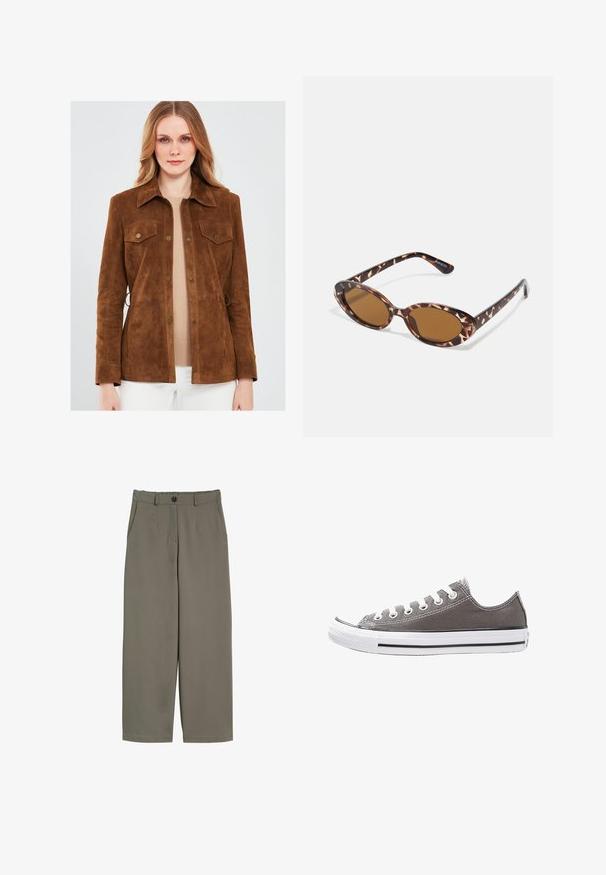 Bruine suède jas met een knoopsluiting, twee borstzakken en een kraag. Heeft een zachte textuur en subtiele stikdetails.; Witte T-shirt met korte mouwen, ronde hals, gemaakt van zacht, glad katoen, met een rechte zoom en minimale details. Eenvoudig en veelzijdig ontwerp.; Brede broek in olijfgroen stof, met een knoopsluiting, voorzakken en een gladde, iets gestructureerde oppervlakte.; Grijze canvas sneaker met witte rubberen zool, zwarte streep en metalen oogjes. Kenmerkt zich door een ronde neus, low-top ontwerp en textiele stof.; Schildpadvormige zonnebril met ovale lenzen, bruin getint, dunne armen met een gestructureerd patroon, lichtgewicht kunststof frame.