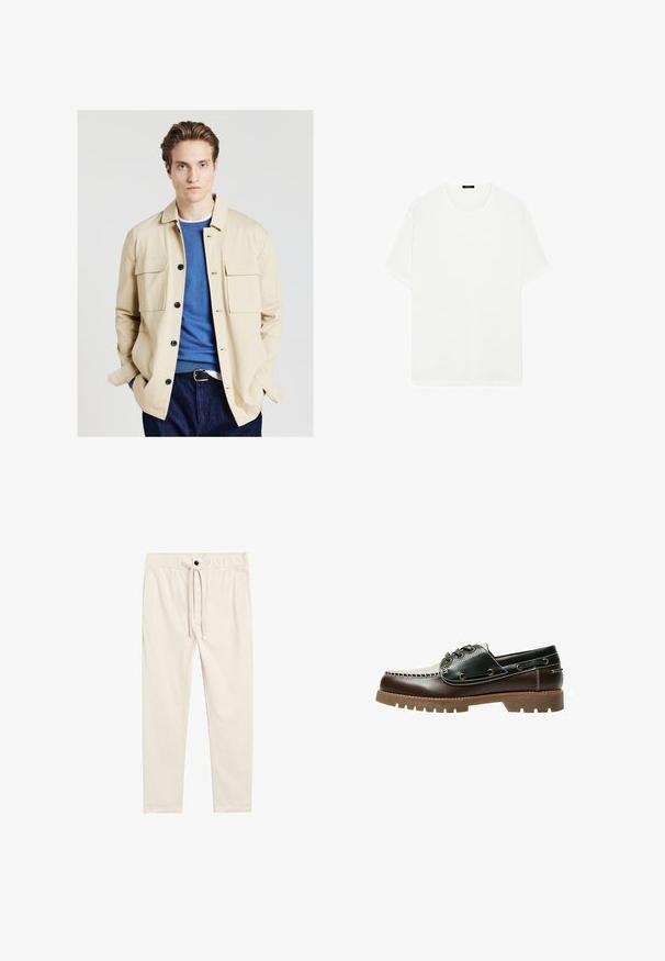 Calliope CAMICIA CON TASCHE APPLICATE - Summer jacket - beige; White short-sleeve t-shirt made of soft fabric. Features a classic crew neckline and a straight cut, with no visible patterns or accents.; Beige, lightweight cotton trousers with a drawstring waistband, front pockets, and a button closure, featuring a smooth texture.; Brown and black leather boat shoe with lacing, contrast stitching, and a textured rubber sole. Features metal eyelets and rounded toe.