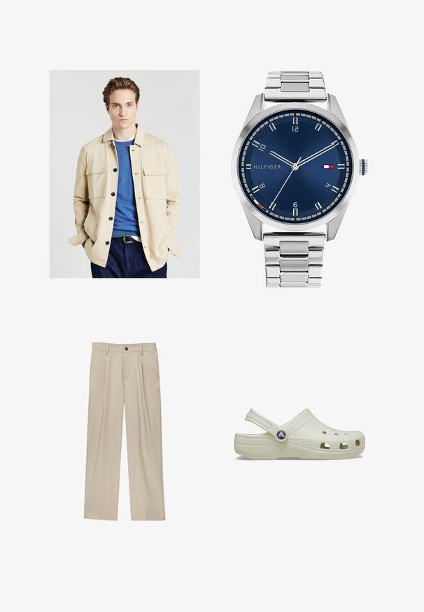 Calliope CAMICIA CON TASCHE APPLICATE - Veste légère - beige; Polo shirt marron en tissu lisse, doté d'un col zippé, de manches courtes et d'une coupe ajustée. Aucun motif ni accent visible.; Pantalon beige à coupe droite, doté d'un seul bouton noir, de passants de ceinture et de poches latérales. Texture de tissu lisse et design minimaliste.; Sabot en caoutchouc couleur crème avec une sangle à l'arrière, des trous de ventilation, une partie supérieure texturée et des bords relevés. Présente un accroche-logo rond sur le côté.; Montre en métal argenté avec un cadran bleu brossé, des index heures blancs et un affichage de la date. Comprend un bracelet métallique à maillons et le logo de la marque.