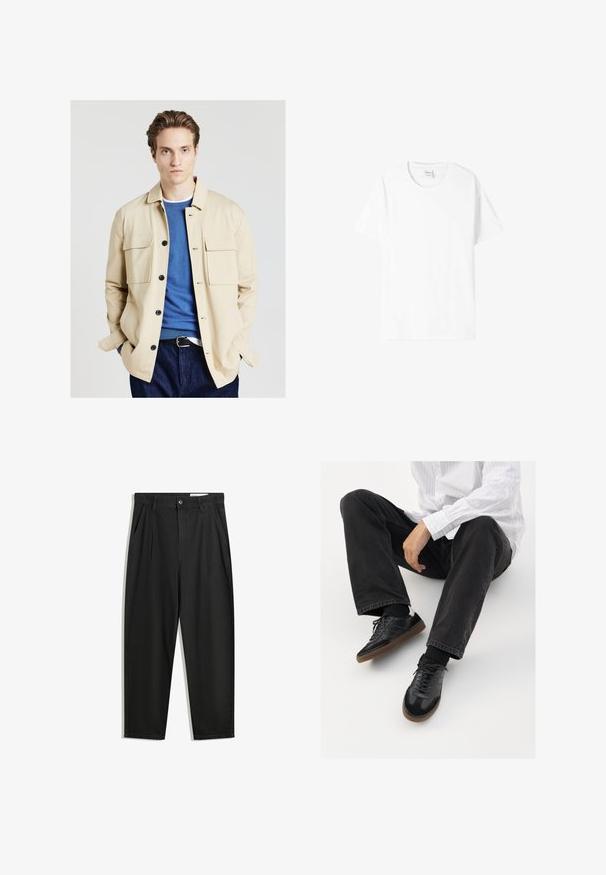 Calliope CAMICIA CON TASCHE APPLICATE - Giacca leggera - beige; T-shirt bianco in cotone con maniche corte, colletto rotondo e vestibilità comoda. Texture liscia, senza fantasie o grafiche, branding minimal sull'etichetta.; Pantaloni in cotone neri con una vestibilità rilassata, dotati di una vita classica, pieghe frontali e tasche laterali. Tessuto liscio senza fantasie.; Sneaker nere con una tomaia liscia e testurizzata, con suola in gomma e lacci scuri. Abbinati a jeans neri e una camicia bianca a righe.