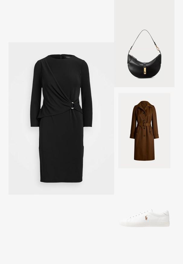 Lauren Ralph Lauren BELTED COTTON BLEND TRENCH COAT - Trenchcoat - dark terracotta; Svart långärmad klänning med knutdetalj vid midjan, rund halsringning och två fickor, tillverkad av ett mjukt och stretchigt tyg.; Vita lädersneakers, låg design, med en slät yta, rund tå, snörning fram och en liten broderad logotyp på sidan.; Svart läderhandväska i halvmåneform. Har en accent av guldhardware och en smal rem. Slät yta, blixtlåslås upptill.