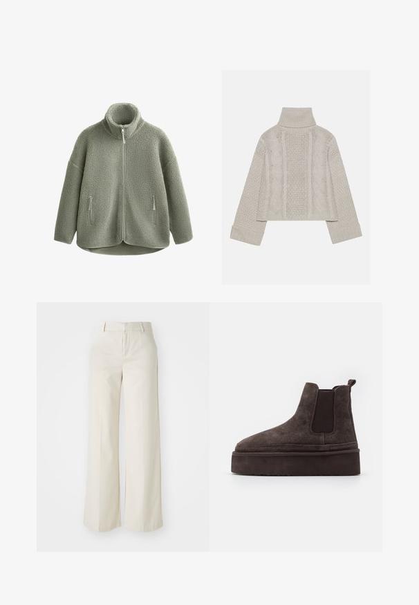 Puhagyapjú dzseki tompa zöld színben, magas gallérral, elülső cipzárral és két oldalsó cipzáras zsebbel. Texturált anyag, amely puha megjelenésű.; Rövidített, világosszürke kötött pulóver magas gallérral és bordázott mandzsettákkal, hátul és az oldalakon texturált sodrott mintákkal.; Világos bézs színű, széles lábú nadrág, sima anyagból készült. Klasszikus derékrésszel és lapos elülső résszel, letisztult vonalakkal rendelkezik.; Barna nubuk Chelsea csizma elasztikus oldalsó panelekkel és vastag, textúrázott talppal. A saroknál található húzófül megkönnyíti a felhúzást.