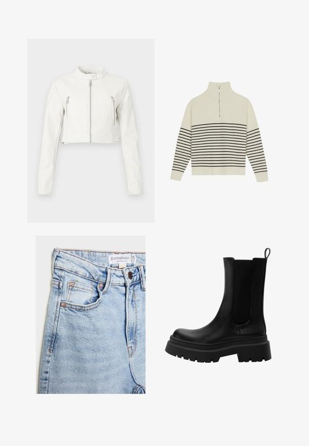 Veste cropped blanche en cuir lisse. Présente un col montant, des zips à l'avant et deux poches poitrine avec un design épuré.; Pull crème avec un col haut, texture à côtes verticales et rayures noires horizontales sur le corps et les manches. Détail de fermeture éclair argenté.; Jean en denim bleu clair à taille haute, avec cinq poches, des accessoires en cuivre, et une légère décoloration, arborant une étiquette au niveau de la ceinture.; Bottines Chelsea en cuir noir avec panneaux latéraux élastiques, semelle en caoutchouc épaisse et bout arrondi. Fini texturé et lisse.