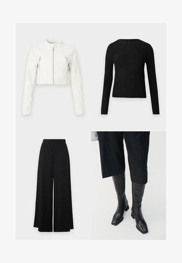 Veste cropped blanche en cuir lisse. Présente un col montant, des zips à l'avant et deux poches poitrine avec un design épuré.; Pull ajusté noir à manches longues et côtelé avec un col rond, présenté sur un fond clair uni.; Pantalons noirs à jambes larges avec une taille plate. Fabriqués dans un tissu lisse et léger, présentant une silhouette fluide. Sans poches ni embellissements.; Bottes en cuir noir arrivant au genou avec un bout carré et un talon bloc. Elles présentent une fermeture éclair sur le côté et une texture lisse.