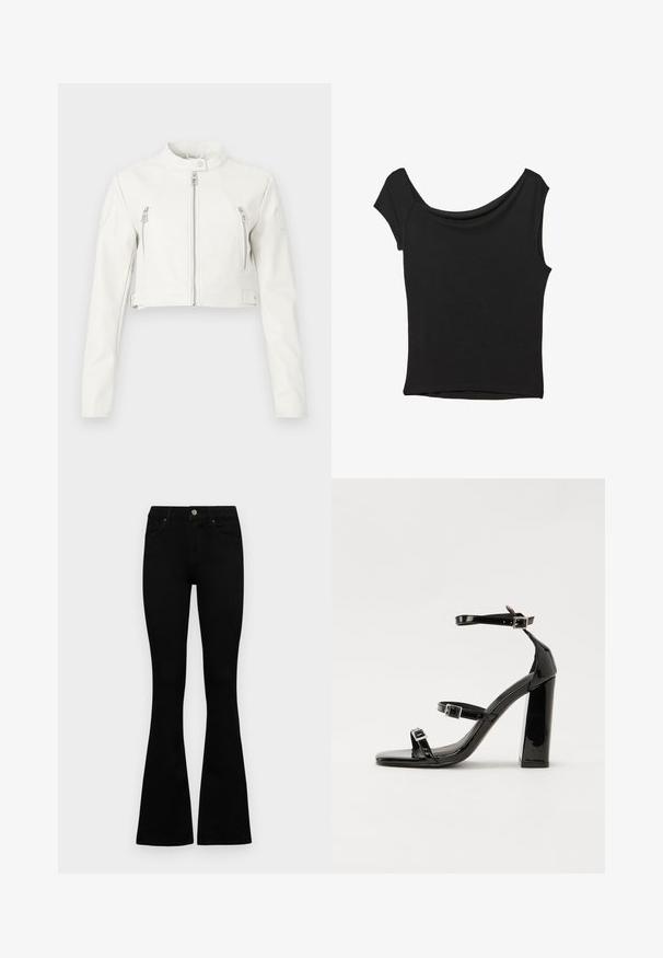 Giacca corta bianca in pelle liscia. Presenta un colletto rialzato, cerniere frontali e due tasche sul petto con un design elegante.; Top nero a maniche corte realizzato in tessuto liscio; presenta un colletto drappeggiato e un orlo asimmetrico, con una vestibilità aderente.; Jeans neri a vita alta con chiusura a bottoni e zip, tasche frontali e gambali svasati, distesi su uno sfondo bianco.; Sandali con tacco in vernice nera, con punta squadrata, cinturini alla caviglia e fibbie in argento. Presentano un tacco a blocco spesso per maggiore stabilità.