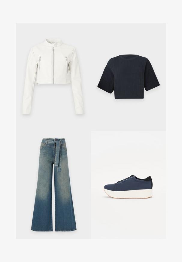 Veste cropped blanche en cuir lisse. Présente un col montant, des zips à l'avant et deux poches poitrine avec un design épuré.; Pull en maille noir marine raccourci avec une texture côtelée, des manches courtes et larges, et un col rond. Design simple, sans motifs ni accents visibles.; Pantalons en denim à jambe large présentant un dégradé de bleu clair à bleu foncé, taille haute, passants de ceinture et une ceinture en tissu assortie. Finition en denim texturé.; Baskets bleu marine avec un upper en tissu texturé, semelle plateforme blanche, bout arrondi et accent noir au talon. Dispose de six œillets pour les lacets.