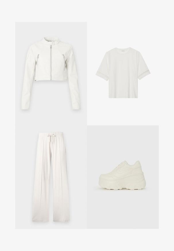 Witte cropped jas van glad leder. Bevat een staande kraag, voorritsen en twee borstzakken met een strak design.; Witte korte mouwen t-shirt van katoen, met een decoratieve kantafwerking langs de mouwen en een ronde halslijn.; Lichtbeige sweatpants van zacht materiaal, met een trekkoord in de taille, wijde pijpen en verticale naden, met een gladde textuur.; Witte platform sneakers met een gladde leren bovenkant, afgeronde vorm, gewatteerde kraag en een gestructureerde rubberen zool met duidelijke profiel.