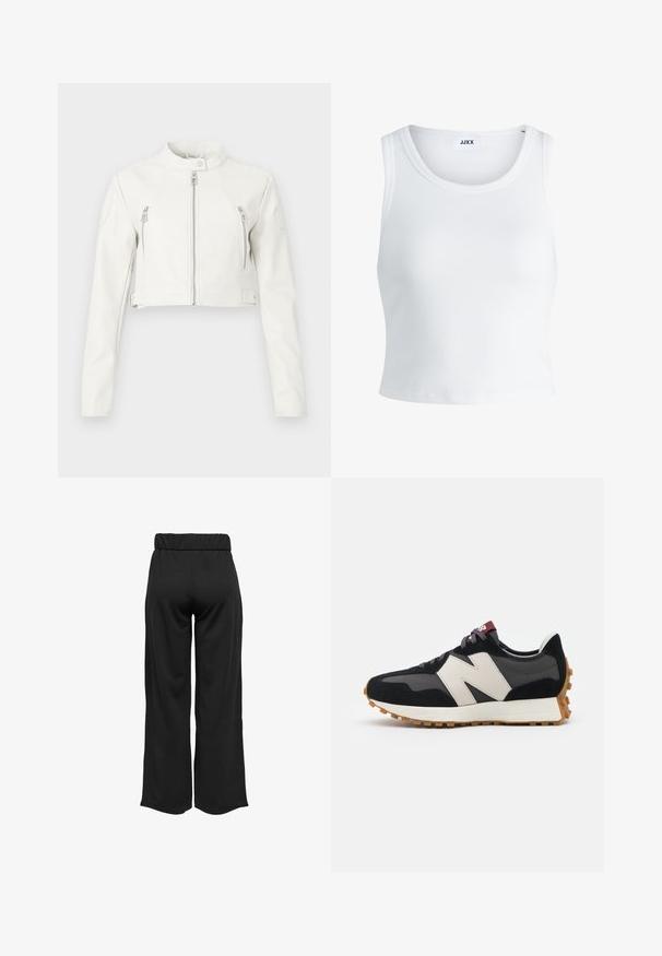 Jachetă albă scurtă, confecționată din piele netedă. Are un guler în picioare, fermoare frontale și două buzunare pe piept cu un design elegant.; Top alb cu detalii texturate, cu guler rotund, fără mâneci și lungime scurtă. Eticheta spune "JJXX." Textură de țesătură netedă.; Pantaloni negri, cu croi larg și talie elastică, realizați dintr-un material neted. Au un design simplu, fără buzunare sau detalii de cusătură vizibile.; Adidași din suede negru și gri cu un mare logo "N" de culoare crem, sireturi purpurii și o talpă din cauciuc texturat de culoare gumă.