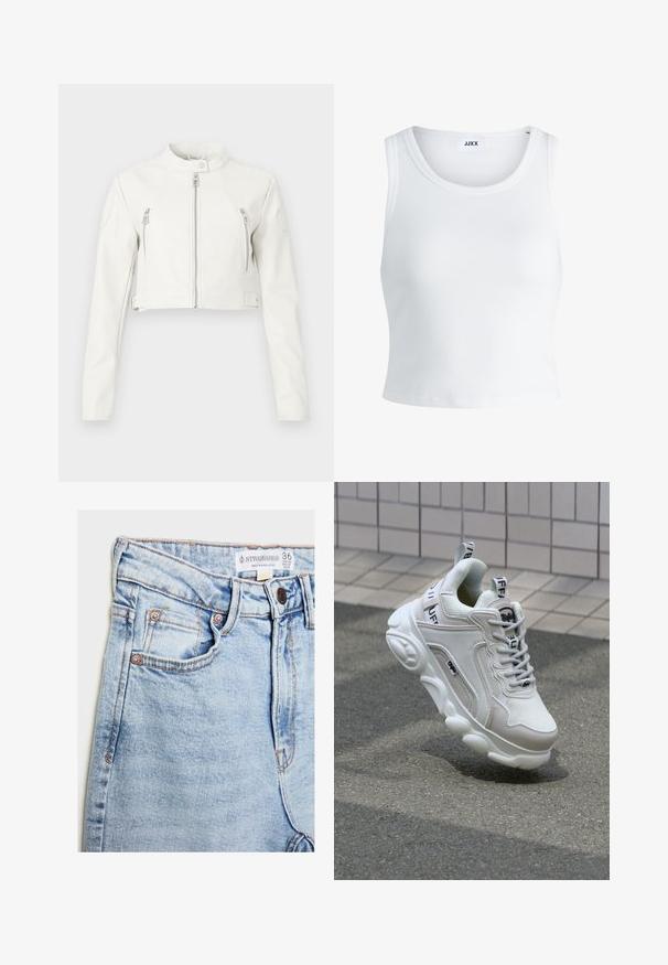 Biely skrátený kabátik vyrobený z hladkej kože. Má stojatý golier, predné zipsy a dve náprsné vrecká s elegantným dizajnom.; Biely rebrovaný tielko s okrúhlym výstrihom, bez rukávov a krátkou dĺžkou. Štítok znie "JJXX." Hladká textúra látky.; Svetlomodré denimové nohavice s vysokým pásom, piatimi vreckami, hardware v medených odtieňoch a jemným vyblednutím, s etiketou na páske.; Biele tenisky s materiálmi z textilu a kože, okrúhla špička, hrubá podrážka, výrazné šnúrky a značka na päte a jazyku.