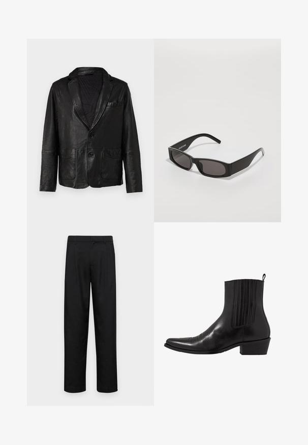 Schwarze Lederblazer mit klassischem Reverskragen, zwei vorderen Taschen und zwei Knöpfen, verfügt über eine glatte, strukturierte Oberfläche und ein gestepptes Futter.; Weißes Langarmhemd aus glattem Stoff, mit klassischem Kragen, Knopfleiste und dezentem gesticktem Logo unten links.; Schwarze Hose aus glattem Stoff, mit geradem Bein Design, zwei vorderen Falten und einem Standardbund mit Gürtelschlaufen.; Schwarze Leder- ankle boot mit spitzem Zehenbereich, elastischen Seitenpaneelen, vertikalen Steppnähten und einem niedrigen Blockabsatz.; Schwarze rechteckige Sonnenbrille mit dunklen Gläsern, einem glatten Kunststoffrahmen und einem dezenten Logo am linken Bügel. Minimalistisches Design.; Schleife in Schwarz mit einem strukturierten diagonalen Muster, schmaler Form und spitzer Spitze. Hergestellt aus einem glatten Stoff, geeignet für formelle Anlässe.