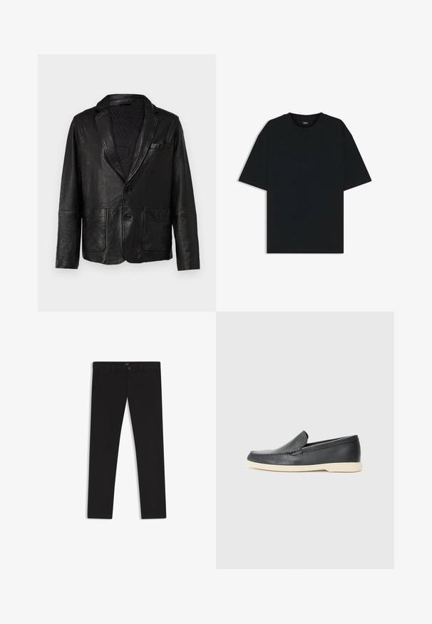 Blazer de cuero negro con solapa, dos bolsillos frontales y dos botones, con un acabado suave y texturizado y forro acolchado.; Camiseta de algodón negra con cuello redondo y mangas cortas. Presenta un corte holgado y un diseño sencillo sin patrones ni acentos.; Pantalones negros de tela con una textura suave. Cuentan con cierre de botón, trabillas para cinturón y bolsillos laterales. Diseño de pierna recta estándar.; Mocasines de piel negra sin cordones con un acabado texturizado y una suela de goma beige en contraste. Presentan un sutil acento en la parte frontal.