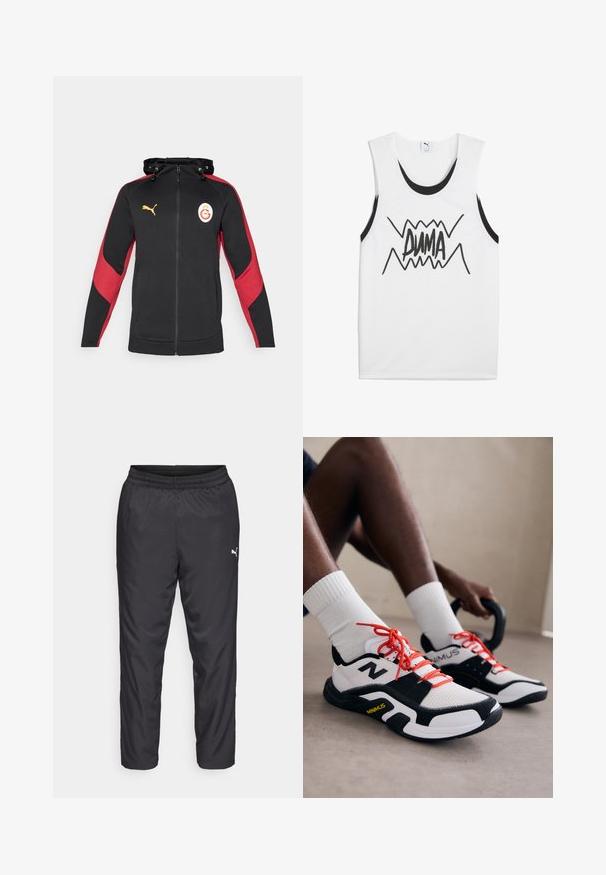 Black zip-up hoodie with red accents, featuring a front pocket, drawstring hood, and printed logo. Made from soft fabric with a sporty design.; White sleeveless tank top with black accents, featuring a bold black "PUMA" graphic across the center with a zigzag design.; Black athletic pants made of smooth, lightweight material. Features an elastic waistband and a small white logo on the left side.; White and black athletic shoes with red laces, mesh upper, and rubber sole. Features a logo on the side and a textured design.