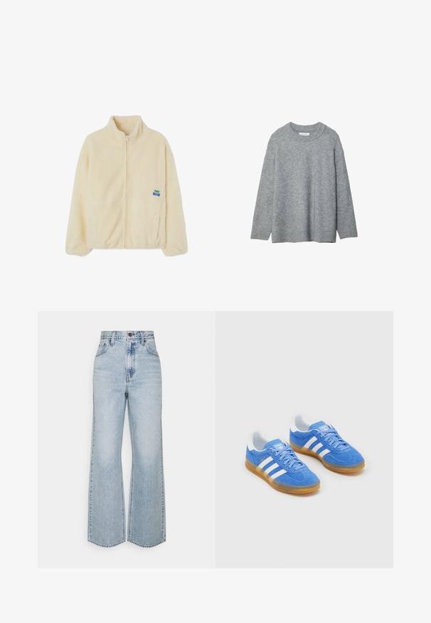 Bela polar jakna z zadrgo spredaj, visokim ovratnikom in stranskima žepoma. Ima majhen večbarven logotip na levem prsnem delu.; Siv krožnikast pulover z okroglo izreznico, spuščeni rameni in rebrastimi rokavi. Mehka tekstura in ohlapen kroj. Brez vzorcev ali akcentov.; Svijetloplave traper široke hlače s visokom strukom, klasičnim dizajnom s pet džepova i kontrastnim šavovima. Neuredan rub na dnu.; Modre semiš športne čevlje z belimi črtastimi poudarki, gumo podplat in oblazinjen ovratnik za udobje. Ima klasičen vezalni dizajn.