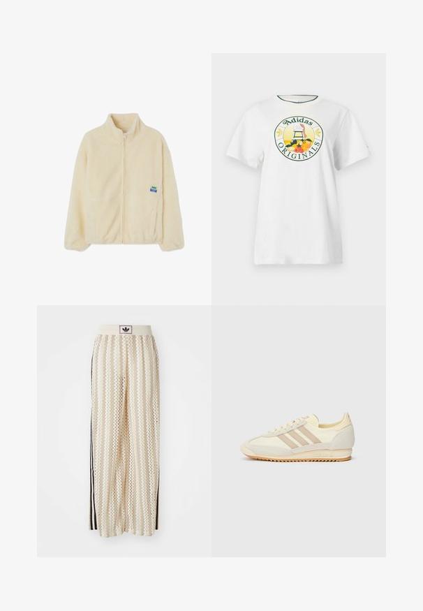 Kremo spalvos fliso striukė su užtrauktuku priekyje, aukšta apykakle ir šoninėmis kišenėmis. Pasižymi mažuoju daugiaspalviu prekės ženklo ženkleliu kairėje krūtinės pusėje.; Balta medvilnė marškinėliai trumpomis rankovėmis, su apvaliu grafiniu logotipu žaliai ir geltonai, kuriame yra užrašas "Adidas Originals" ir vaisių dizainai.; Grietos spalvos plačios kelnės su zigzagų raštu, turinčios juodą logotipo juostą ir šonines juodas juosteles. Lengvas, tekstūruotas audinys.; Kreminių spalvų sportiniai bateliai su trimis bežinėmis juostelėmis, pagaminti iš zomšos ir tekstilės medžiagų, su tekstūruota baze ir įspaustu prekiniu ženklu ant kulno.