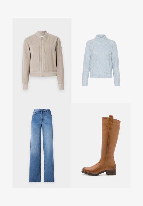 Veste bomber en velours côtelé beige avec fermeture éclair, deux poches avant, poignets côtelés et col montant. Tissu texturé avec des rayures verticales.; Pull en maille bleu clair avec un col haut, présentant des motifs en câble texturés et des manches longues, réalisé en matériau doux et duveteux.; Jeans en denim bleu clair à jambes larges, dotés d'une taille haute, de poches avant et d'une fermeture à bouton standard. Texture lisse.; Anna Field LEATHER - Bottes - cognac