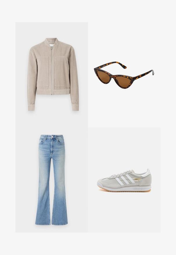 Beige Cordjacke aus Cord mit Reißverschluss, zwei Fronttaschen, Rippbündchen und Stehkragen. Strukturierter Stoff mit vertikalen Streifen.; ONLY ONLMELITA O NECK - Strickpullover - winter moss; Helle blaue Schlagjeans aus Denim mit hoher Taille, fünf Taschen und subtilem Farbverlauf bis zum Saum.; Hellgraue Sneaker aus Wildleder und Mesh, mit drei weißen Streifen, runder Zehenpartie und einer Sohle aus Gummi. Goldenes Logo-Detail nahe der Schnürsenkel.; Katzenaugen-Sonnenbrille mit einem schwarz-orangenen Schildpattrahmen, braunen Gläsern und schlanken, spitzen Enden. Verfügt über ein minimalistisches Logo am Bügel.