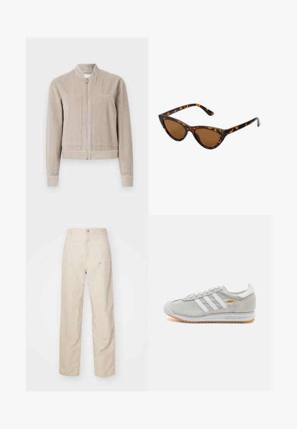 Béžová kordurová bomber bunda se zipem, dvěma předními kapsami, žebrovanými manžetami a stojáčkem. Texturovaná tkanina s vertikálními pruhy.; JDY JDYZOEY LIFE ON STITCH NOOS - Svetr - light grey melange; Béžové lněné kalhoty s volným střihem, s bočními kapsami a ozdobným prošíváním, bezešvým pasem a rovnými nohavicemi.; Světlé šedé tenisky vyrobené z semiše a síťoviny, se třemi bílými pruhy, kulatou špičkou a gumovou podrážkou. Zlatý logo akcent u šněrování.; Sluneční brýle ve stylu kočičích očí s černo-oranžovým želvovinovým rámem, hnědými skly a elegantními, špičatými konci. Obsahují minimalistické logo na straně.