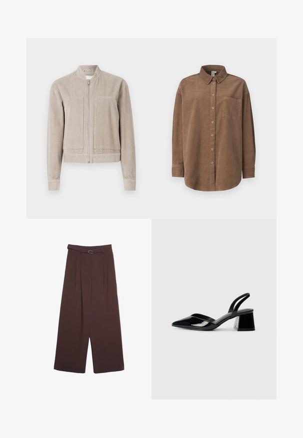 Veste bomber en velours côtelé beige avec fermeture éclair, deux poches avant, poignets côtelés et col montant. Tissu texturé avec des rayures verticales.; ONLY ONLAIME MOXI LONG - Chemisier - fossil; Stradivarius WIDE-LEG WITH BUCKLE DETAIL - Pantalon classique - dark brown; Escarpins en cuir verni noir avec bout pointu et talon bloc géométrique. Présente un design élégant et minimaliste ainsi qu'une texture lisse.